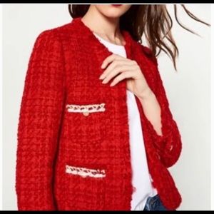Zara Red Tweed Gold Buttons Blazer Jacket XS